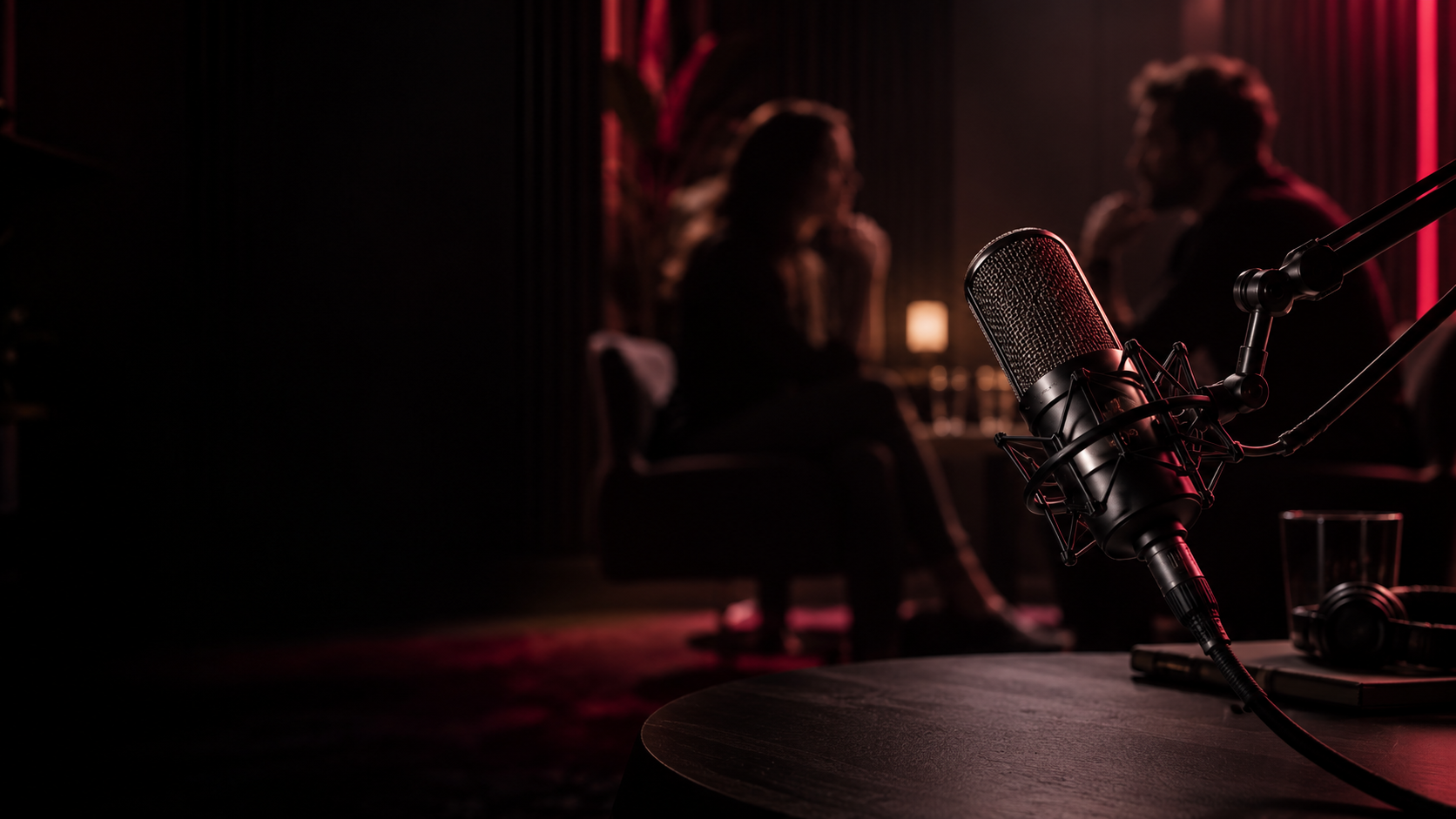 Een sfeervolle podcaststudio met microfoon en twee gasten op de achtergrond